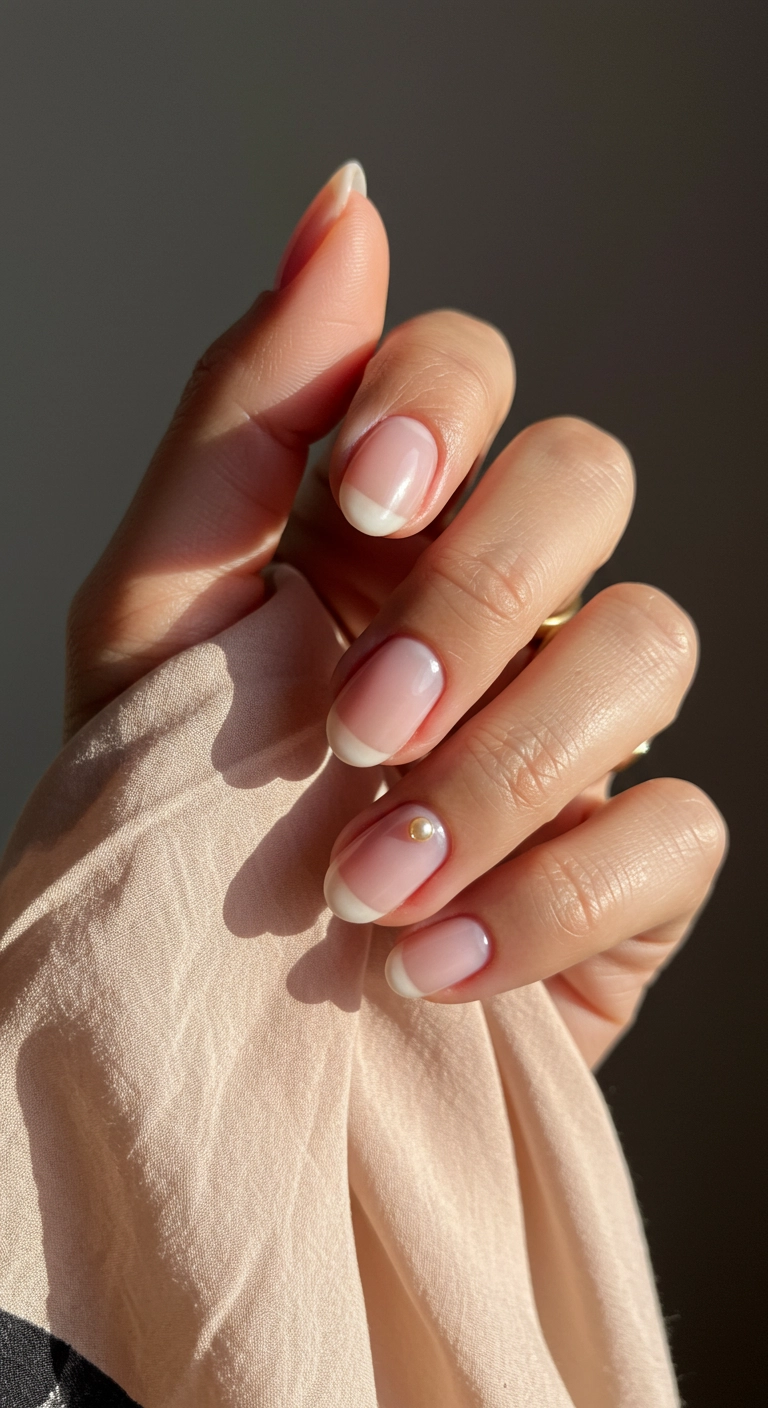 A close-up of short, milky pink nails with a single tiny pearl accent on the ring finger.