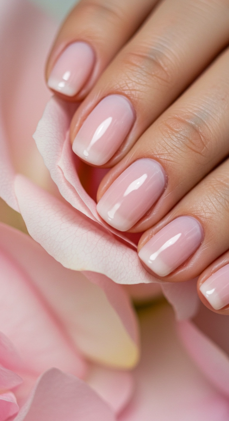 A macro shot of rounded nails painted in a sheer, glossy ballet slipper pink polish.