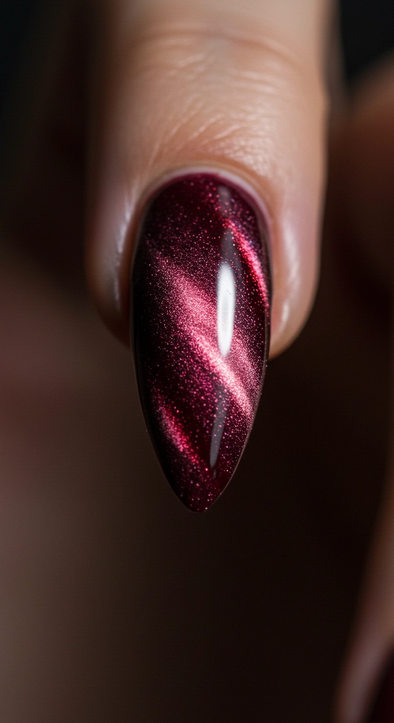 A macro shot of an almond nail with a deep burgundy polish, showing a subtle, diagonal 