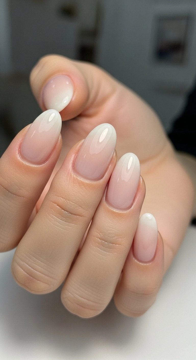 A macro shot of oval nails with a subtle nude ombré, fading from milky white to soft beige.