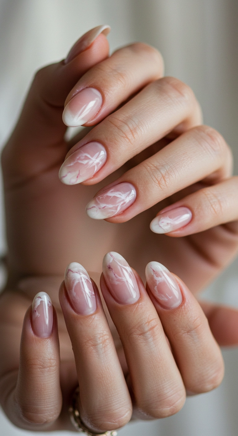 A dreamy close-up of long oval nails with a sheer pink base and subtle white marbling, resembling rose quartz.