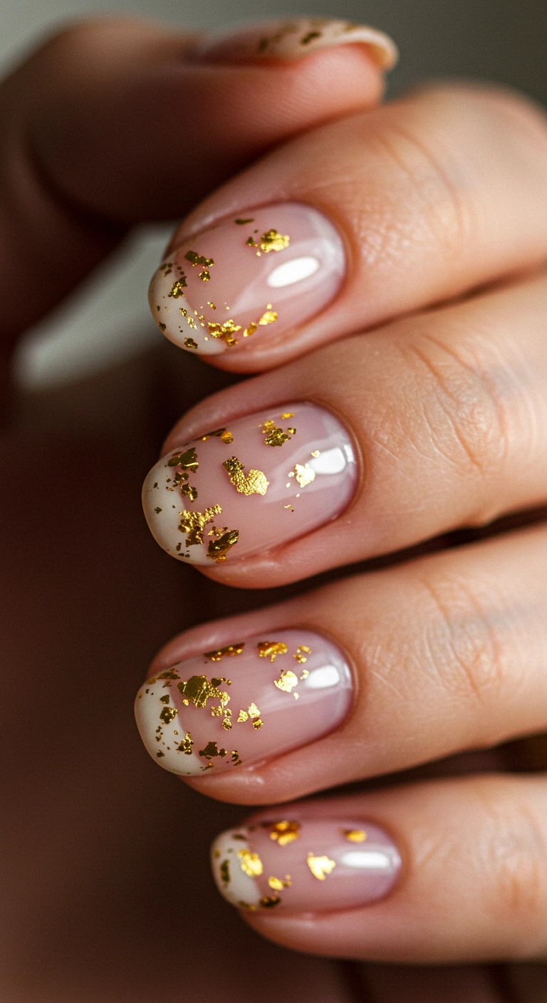 A macro shot of oval nails with a sheer beige polish, accented with sparse, tiny flecks of gold foil.