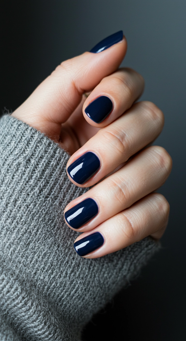 A moody close-up of short, rounded nails painted in a high-gloss, deep navy blue polish.