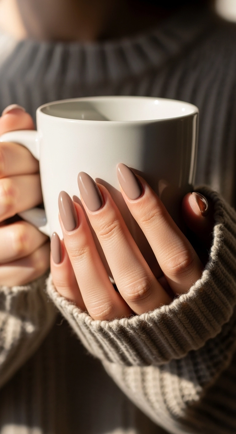 A photo of a hand with almond nails painted in a glossy, greige (grey-beige) polish, holding a white mug.