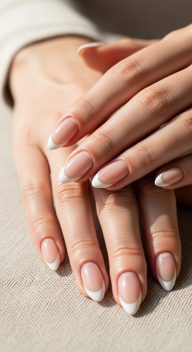 A close-up of almond-shaped nails with a modern French manicure, featuring a deep curve and sheer nude base.