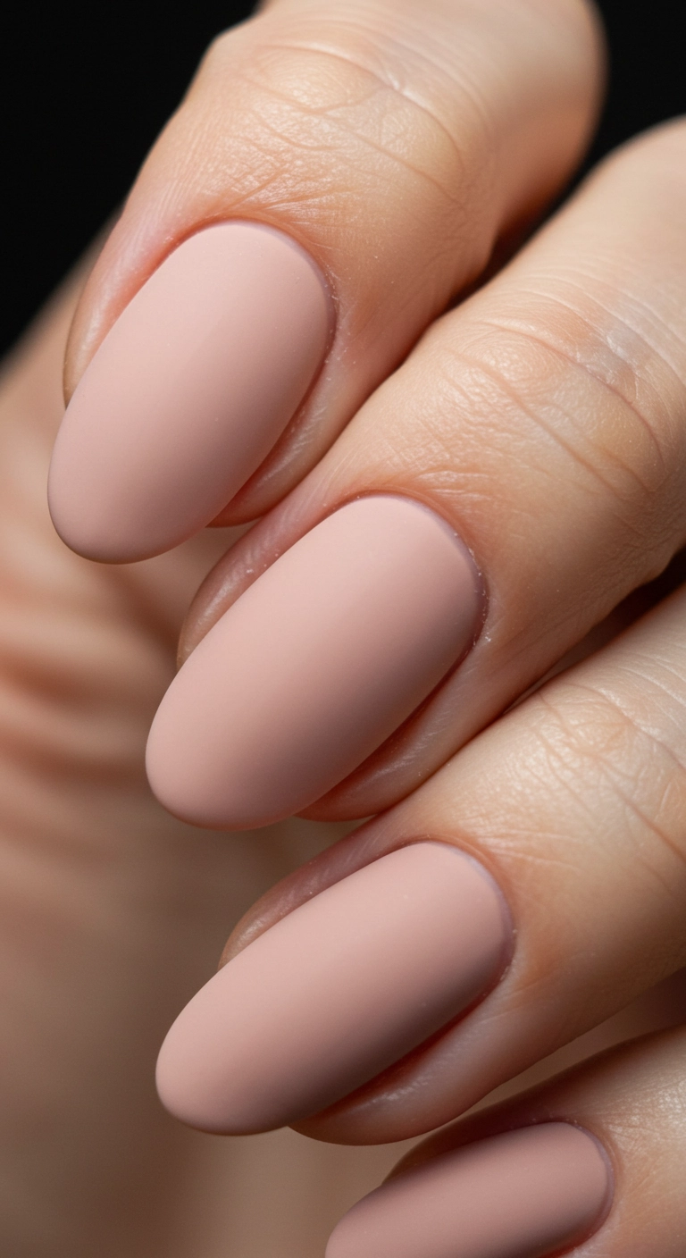 A macro shot of squoval nails with a nude polish and a non-reflective, velvet matte top coat.