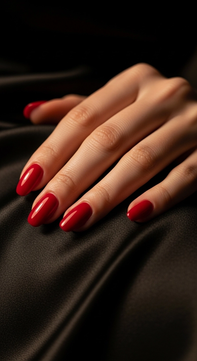 A cinematic close-up of squoval nails painted in a high-gloss, classic cherry red polish.