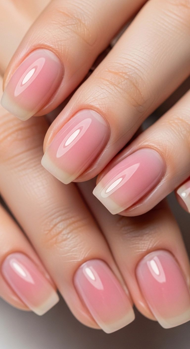 A macro shot of natural nails with a sheer, jelly-like pink polish and an extremely high-gloss, wet-look top coat.