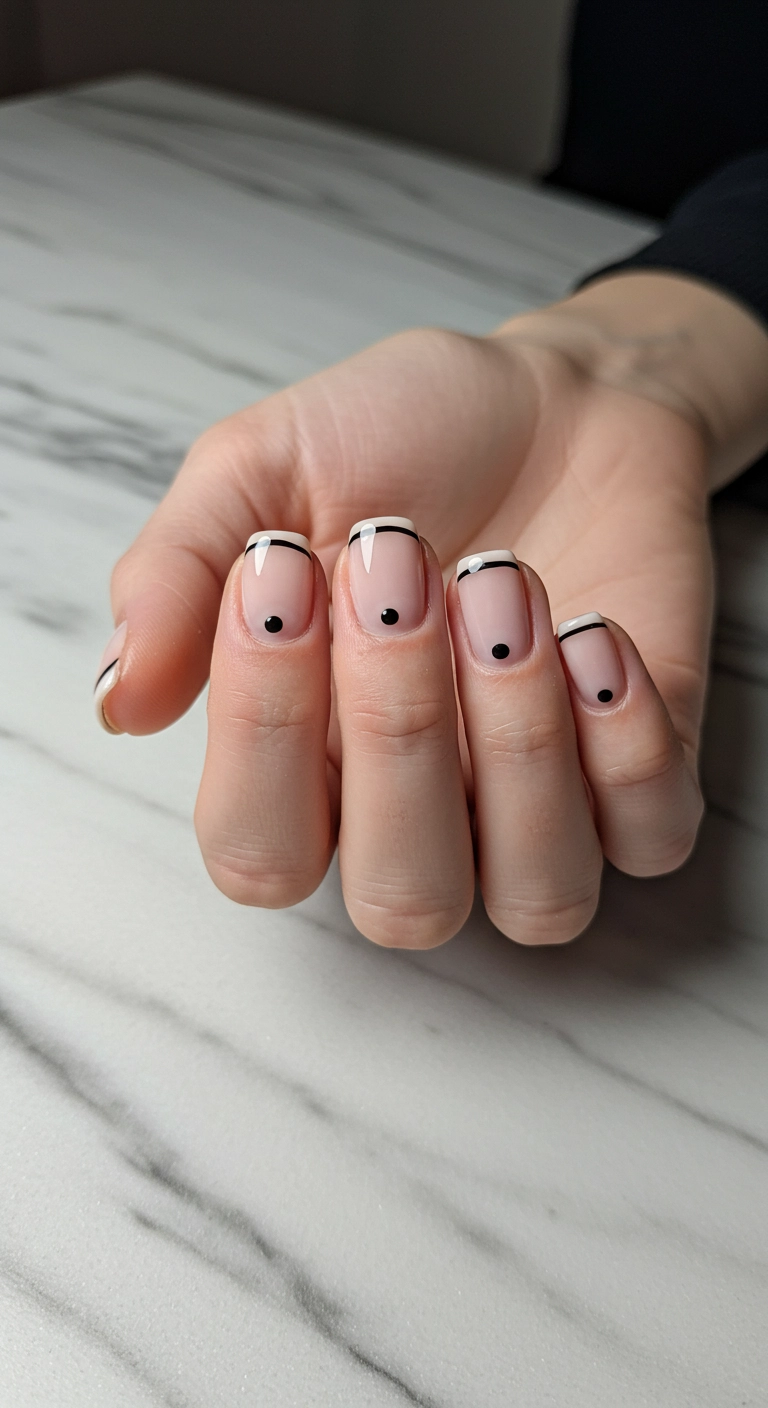 A minimalist photo of short, natural nails with a clear polish and a single, precise black dot at the base.