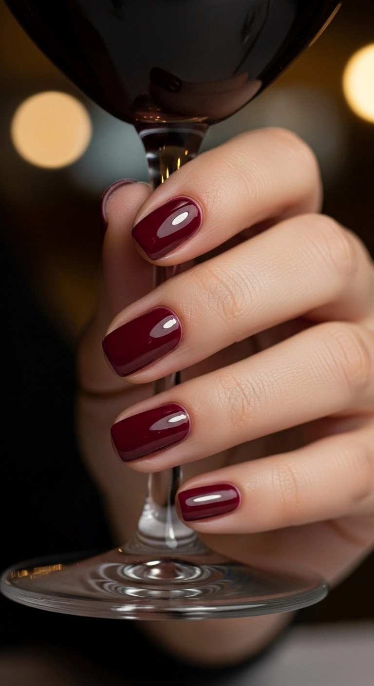 A close-up of short, squoval nails painted in a high-gloss, rich burgundy crème polish.