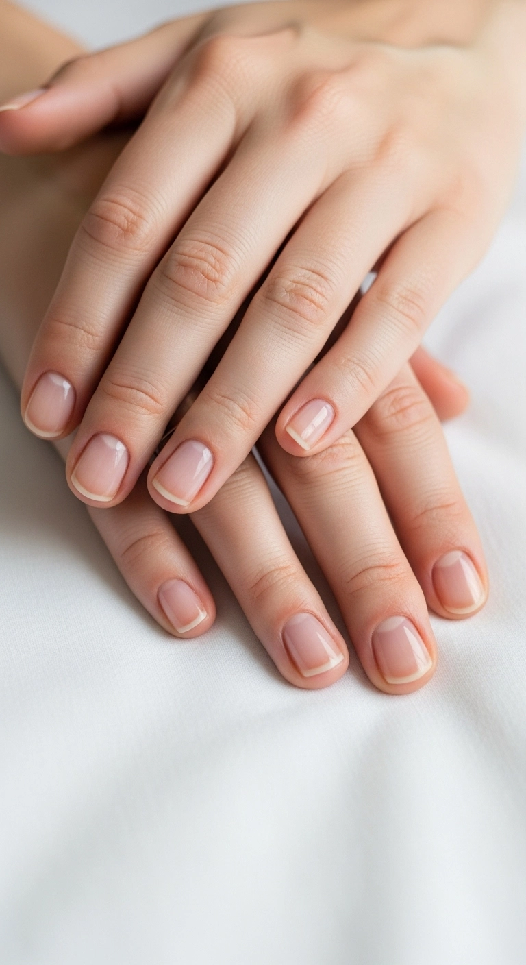 A close-up of perfectly manicured, short, natural nails buffed to a healthy, natural shine with no polish.