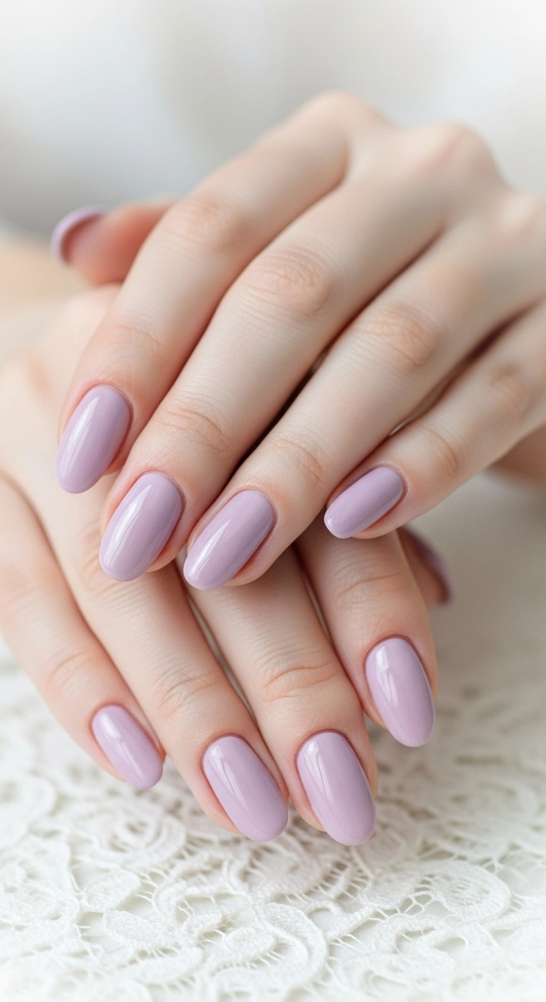 A soft-focus photo of hands with oval nails painted in a glossy, soft lavender crème polish.