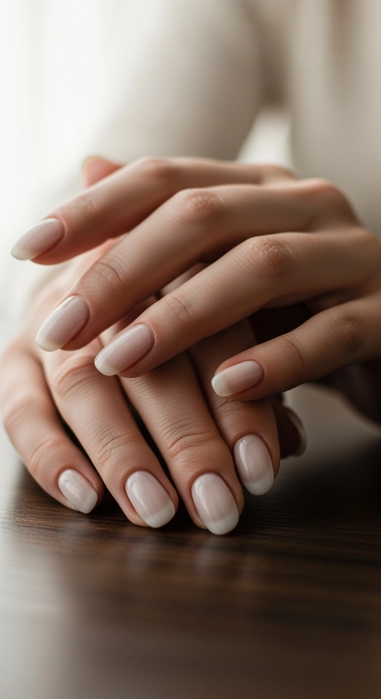 A soft-focus shot of hands with medium oval nails painted in a sheer, translucent milky white polish.
