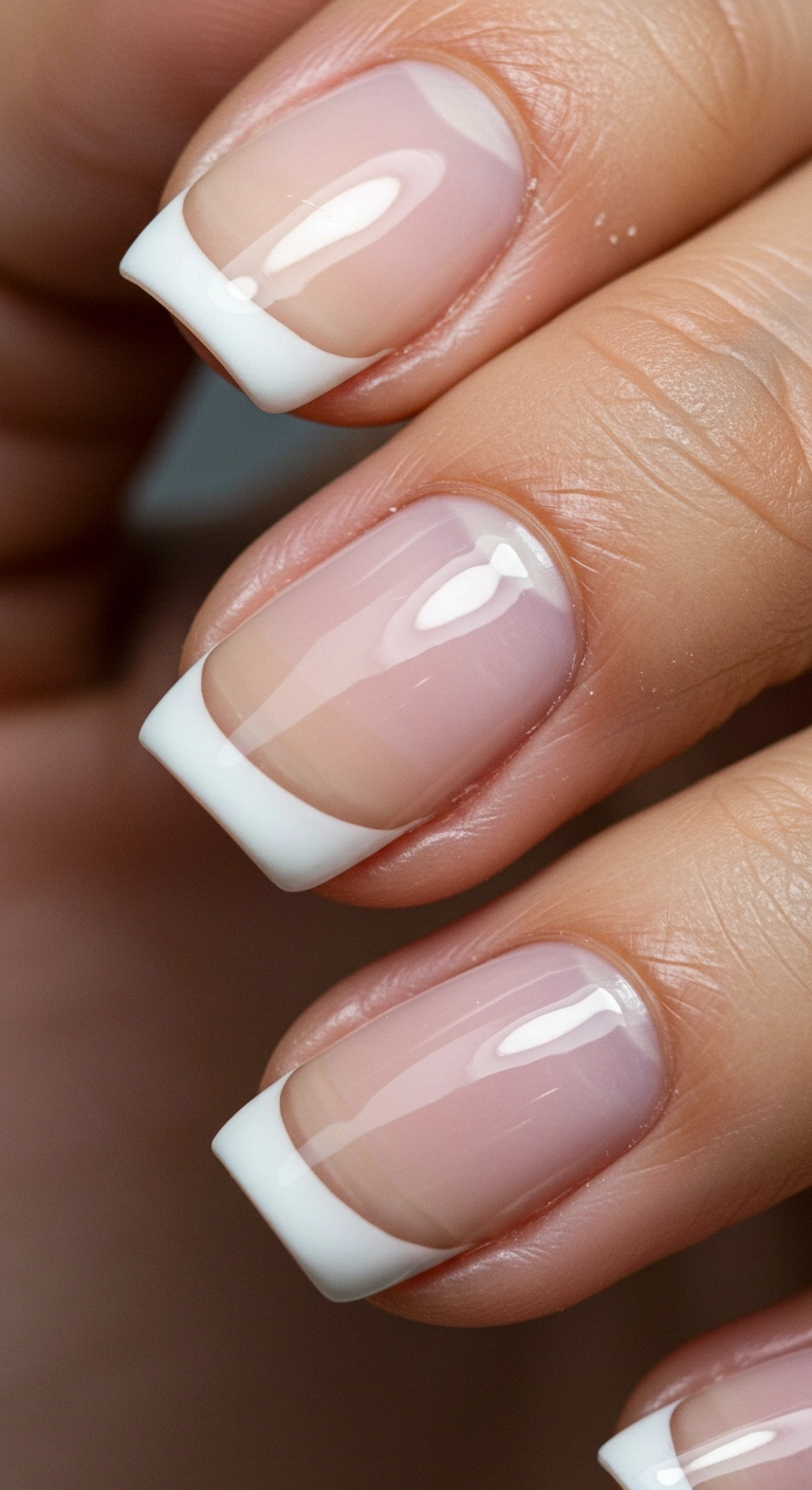 An extreme close-up of short, natural nails with a razor-thin micro French tip on a glossy base.