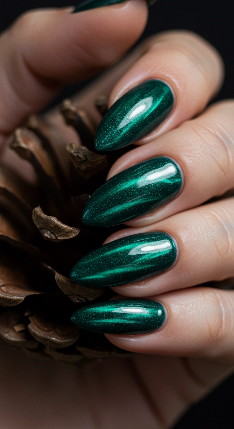 A macro shot of an almond nail with a deep emerald green polish, showing a luxurious velvet