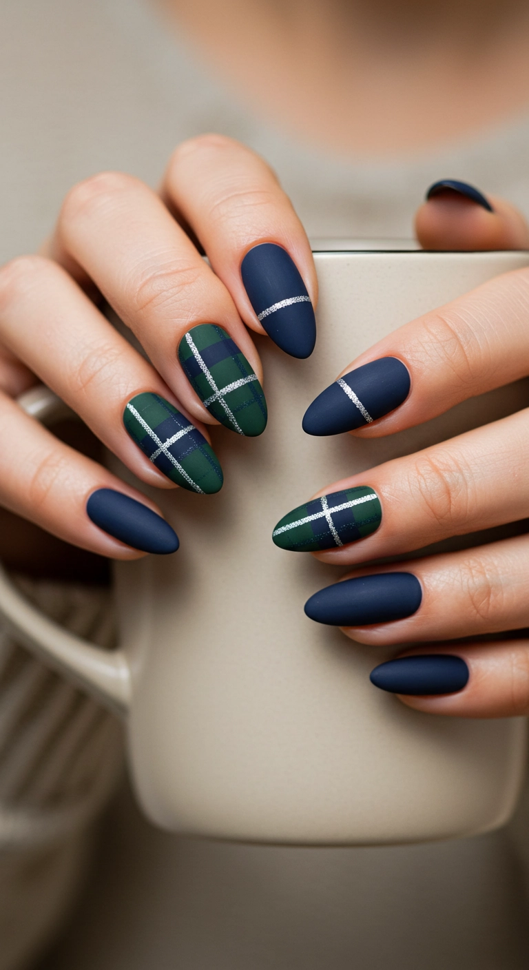 A close-up of almond-shaped nails with a matte, festive plaid design in deep green, navy, and silver.