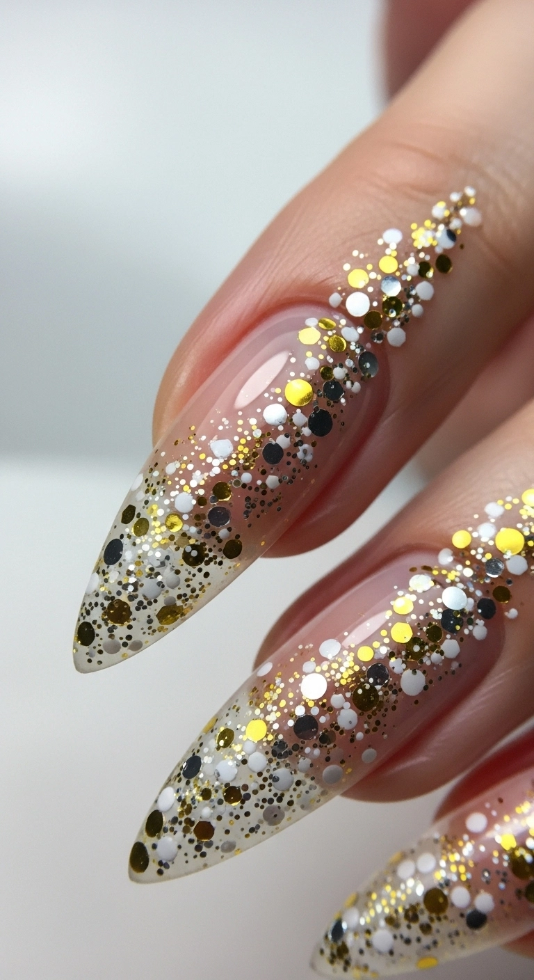 A macro shot of a stiletto nail with a sheer nude base and tiny, cascading glitter dots resembling champagne bubbles.