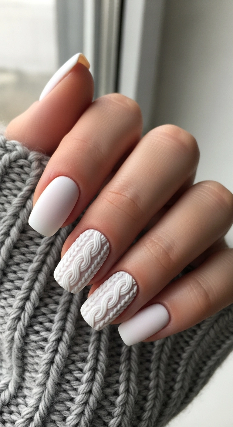 A macro shot of a short, matte white nail with a 3D cable knit sweater texture.