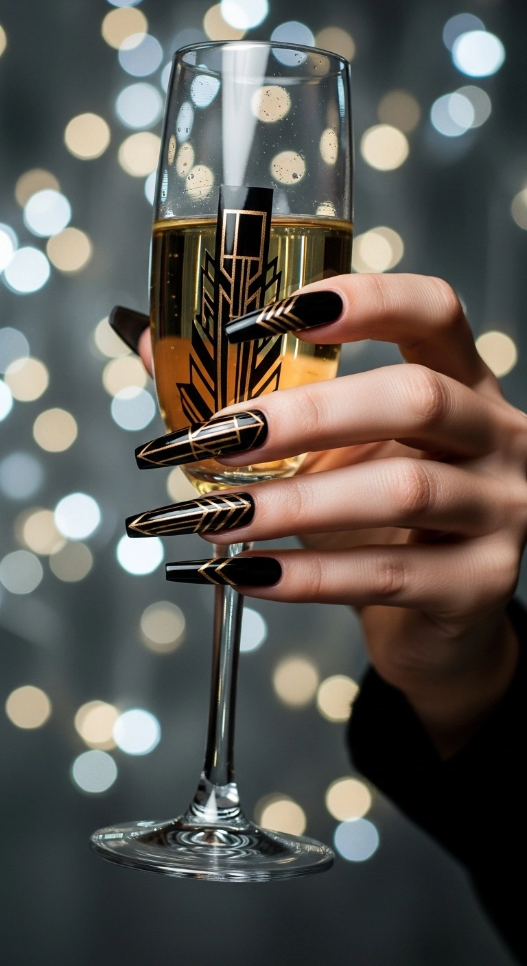 A close-up of stiletto nails with a glossy black base and sharp, metallic gold Art Deco lines.
