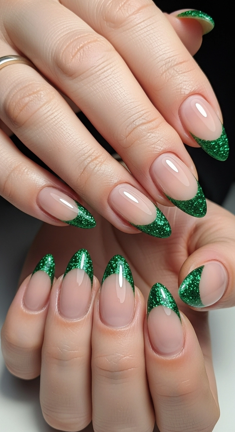 A close-up of almond-shaped nails with a sheer nude base and a crisp, sparkling emerald green glitter French tip.