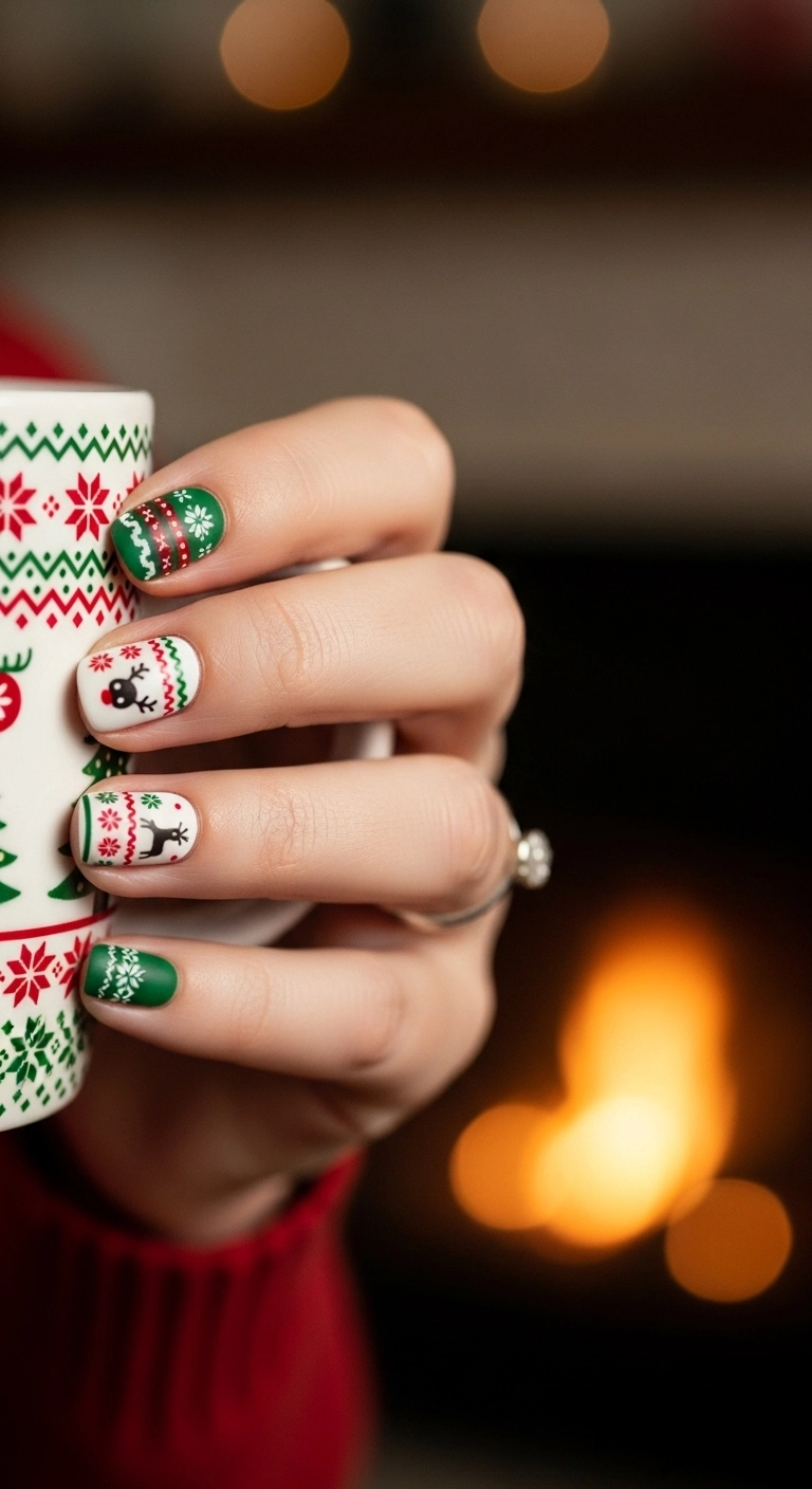 A close-up of short, rounded nails with a playful, matte