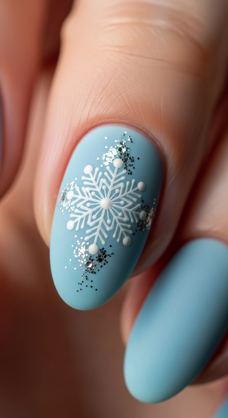 An extreme close-up of an icy blue matte nail with a single, intricate, hand-painted white snowflake.