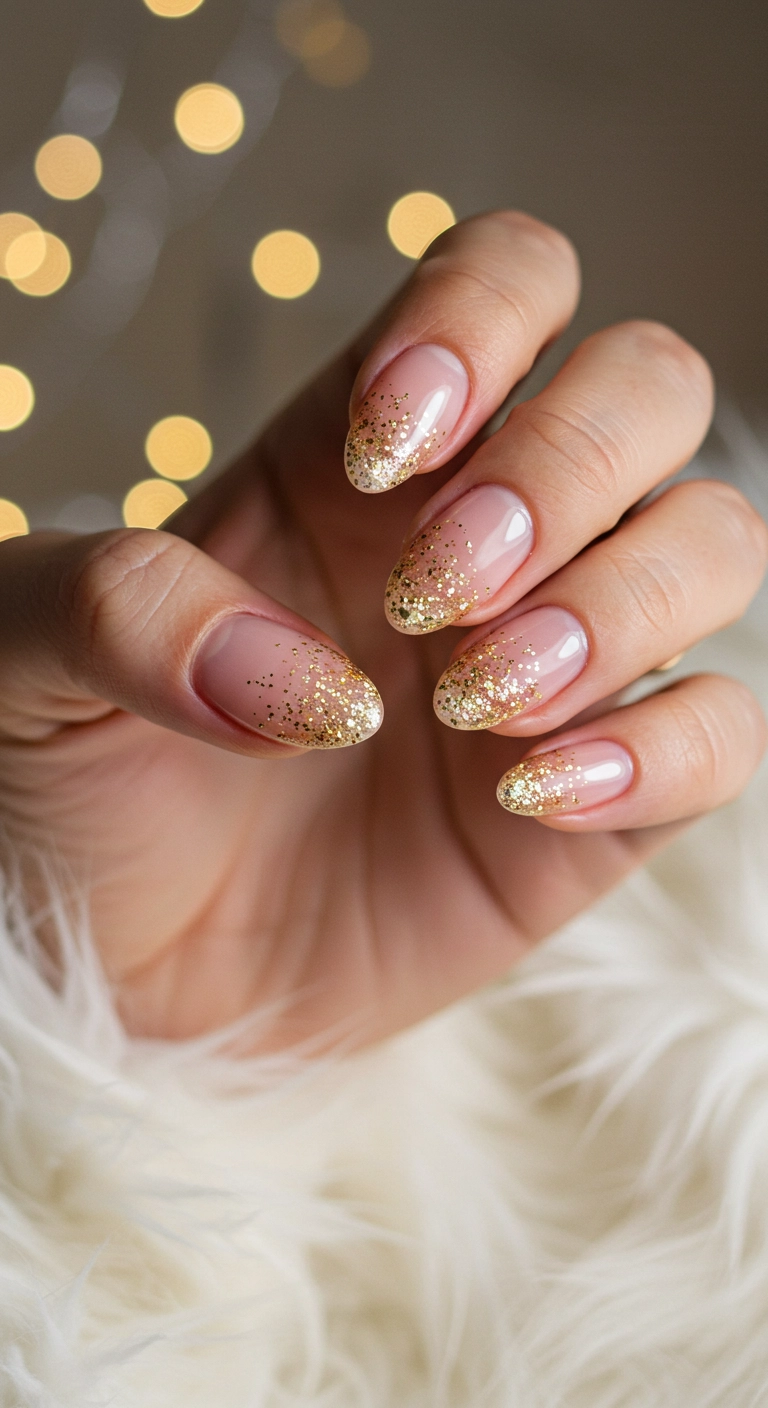 A soft-focus close-up of long oval nails with a sheer nude base, featuring a fine gold glitter ombré fading from the tip.