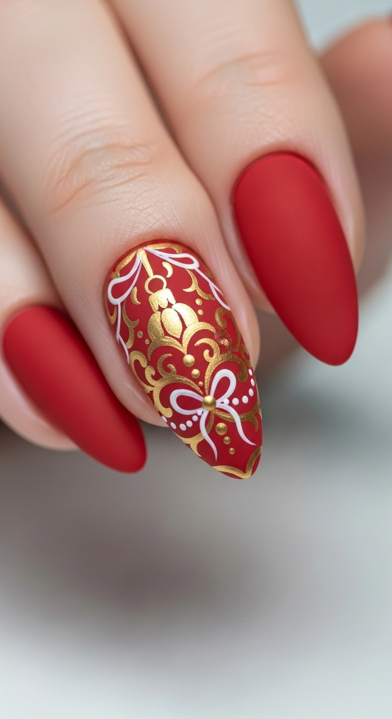 A macro shot of a matte red nail with an intricate, hand-painted gold Christmas ornament design.