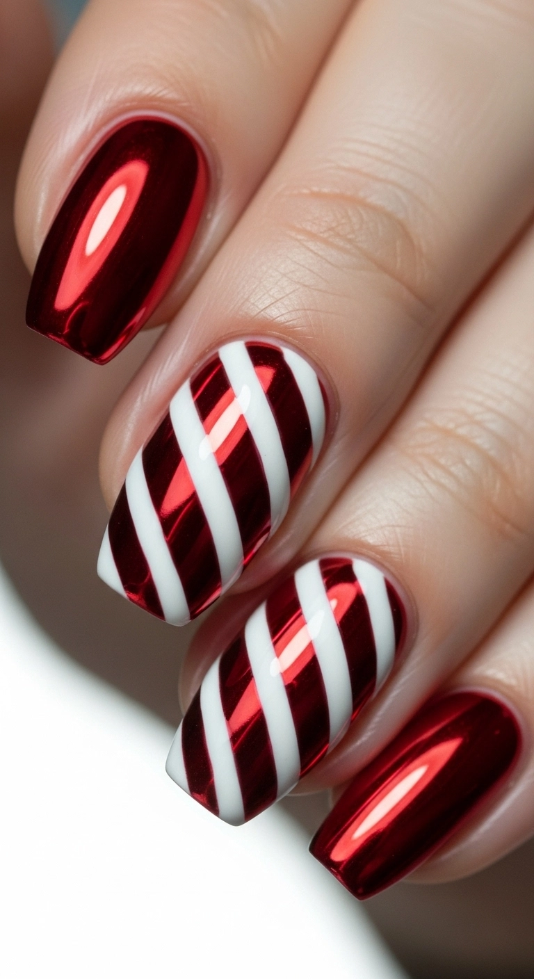 A macro shot of glossy squoval nails with precise red and white candy cane stripes.