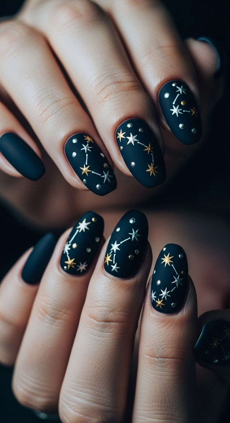 A macro shot of matte, midnight blue nails adorned with tiny, hand-painted silver and gold stars.