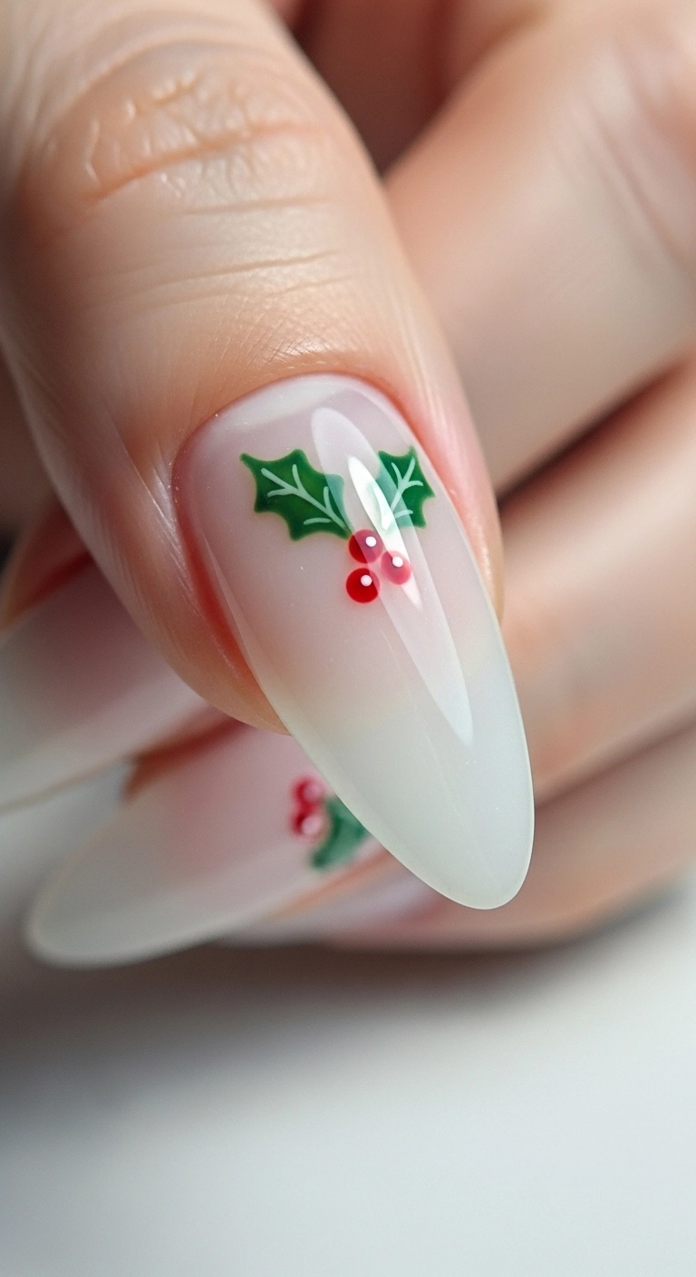 A macro shot of a milky white almond nail with a single, minimalist, hand-painted holly berry accent.