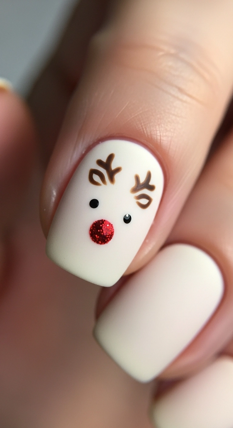 A macro shot of a short, cream-colored nail with a cute, minimalist, hand-painted reindeer face with a red glitter nose.