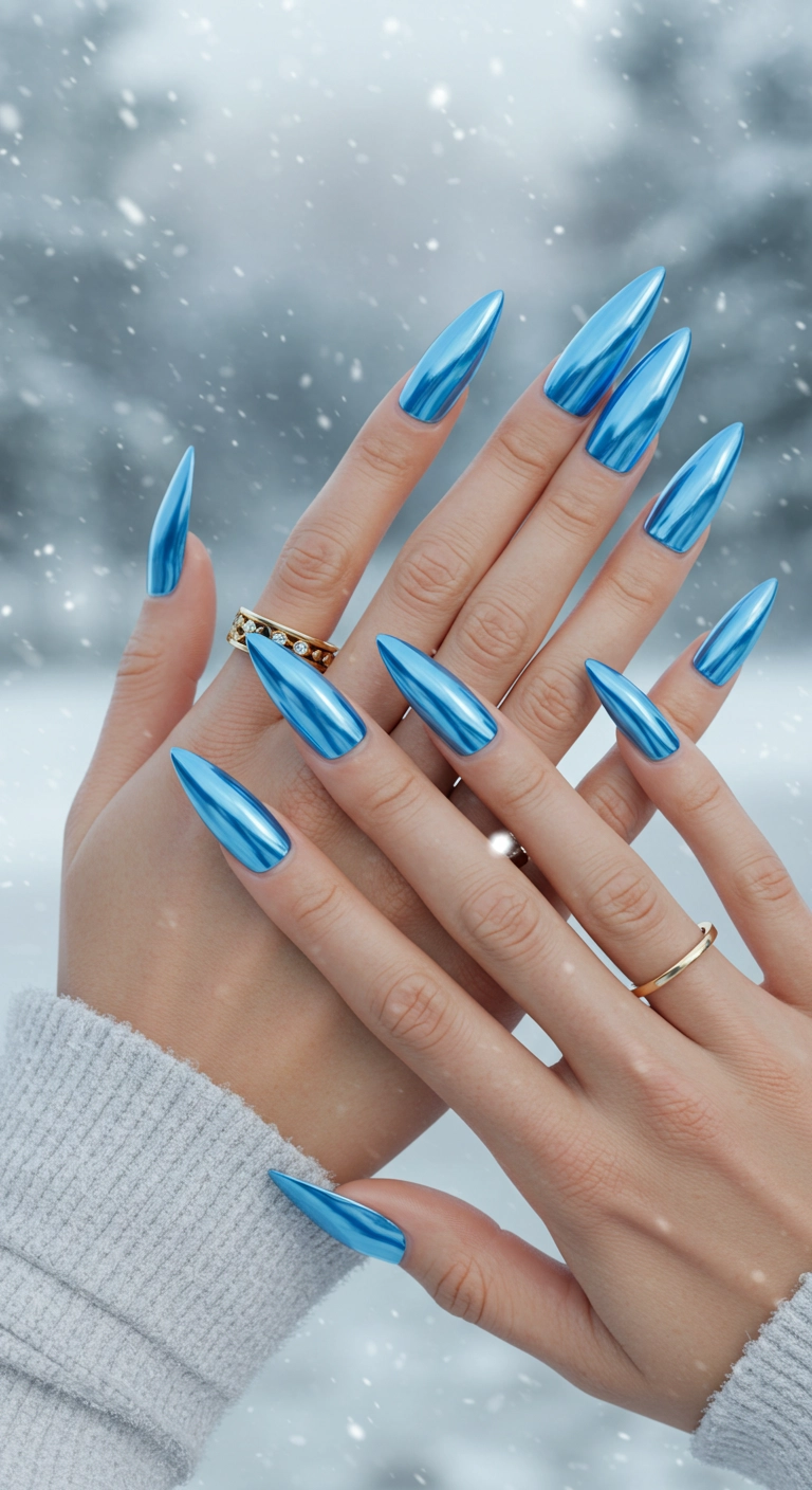 A realistic photo of stiletto nails with a high-shine, mirror-like, icy blue chrome finish.