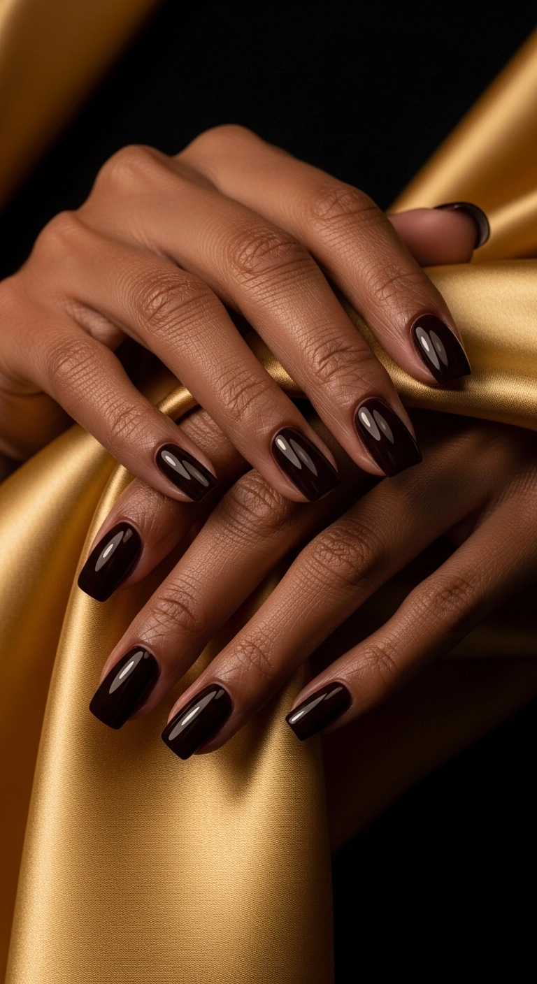 Elegant and sophisticated Christmas nails in a glossy, dark chocolate brown color.