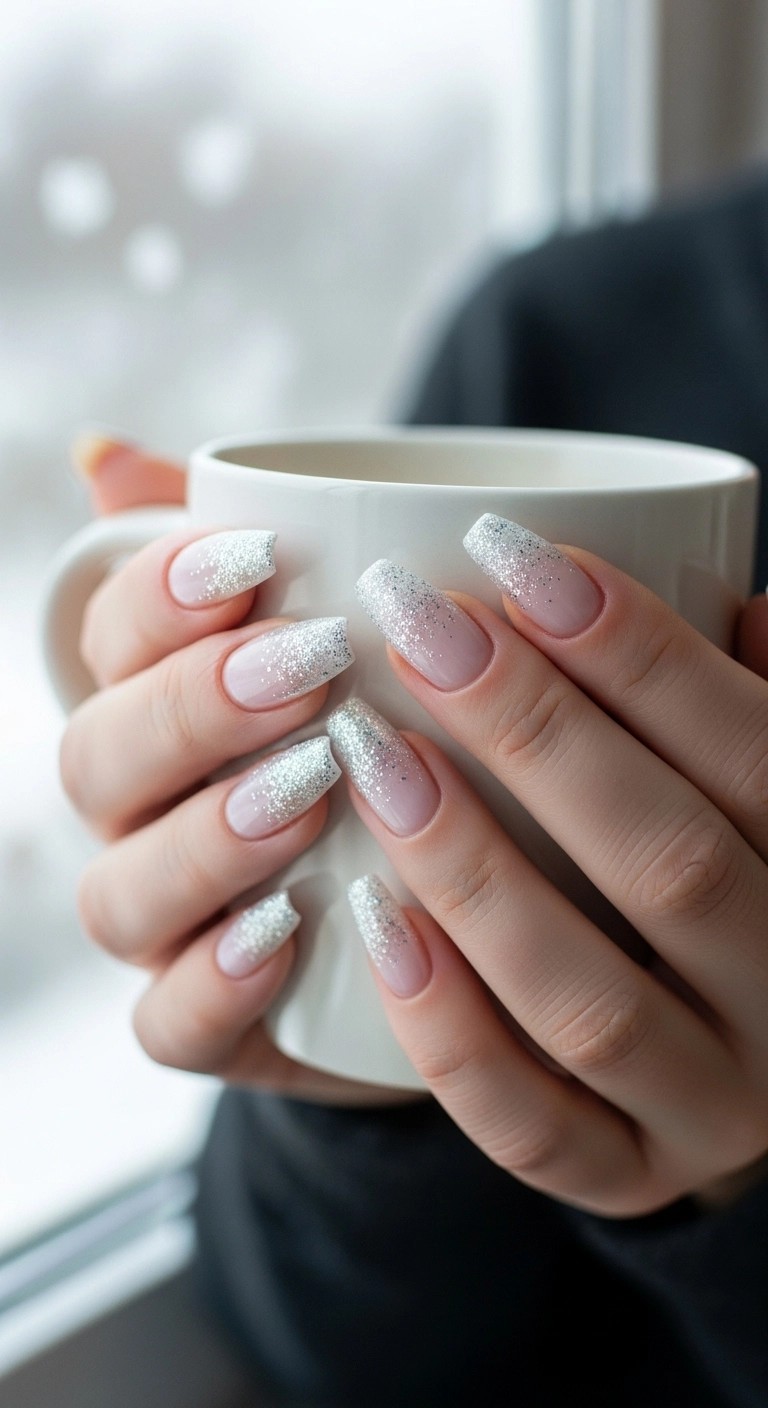 Elegant frosted Christmas nails with a silver glitter gradient on a milky white base.
