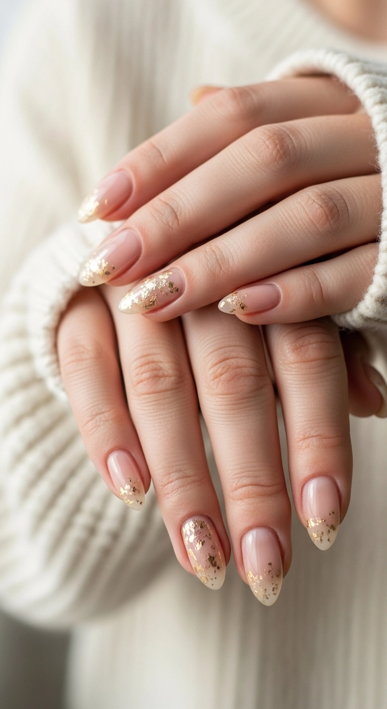 Close-up of elegant Christmas nails with champagne gold flakes on a nude base.