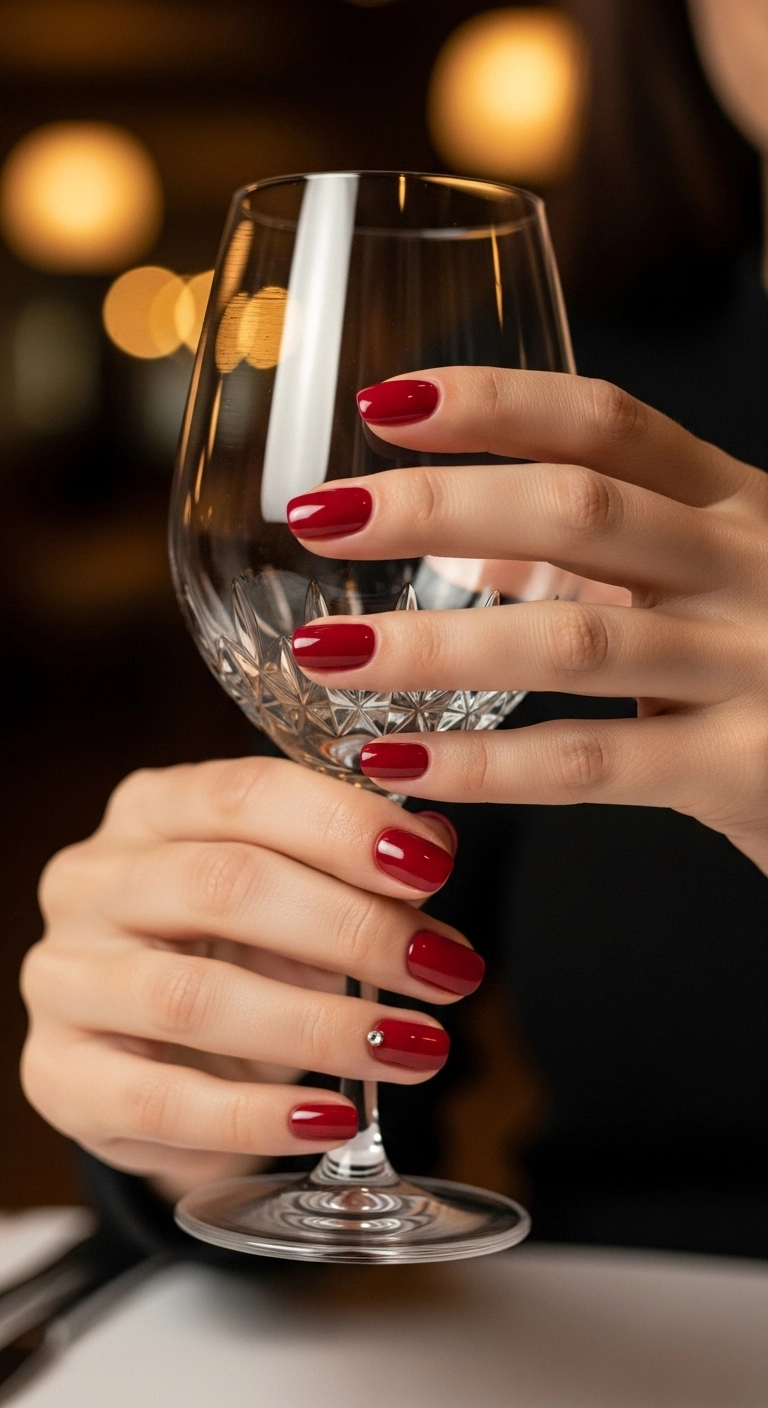 Elegant scarlet red Christmas nails with a single rhinestone accent at the cuticle.