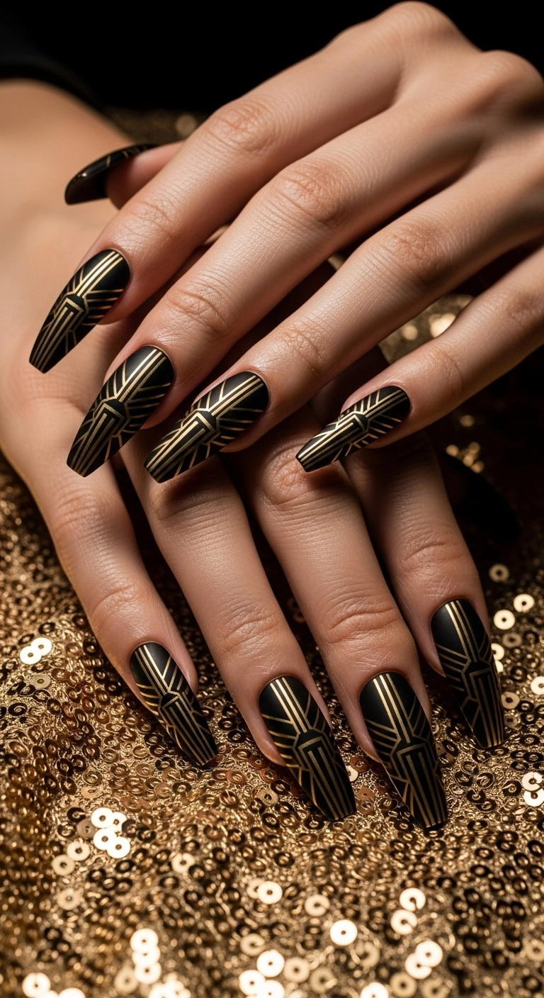 Elegant and glamorous Christmas nails with a matte black base and gold Art Deco lines.