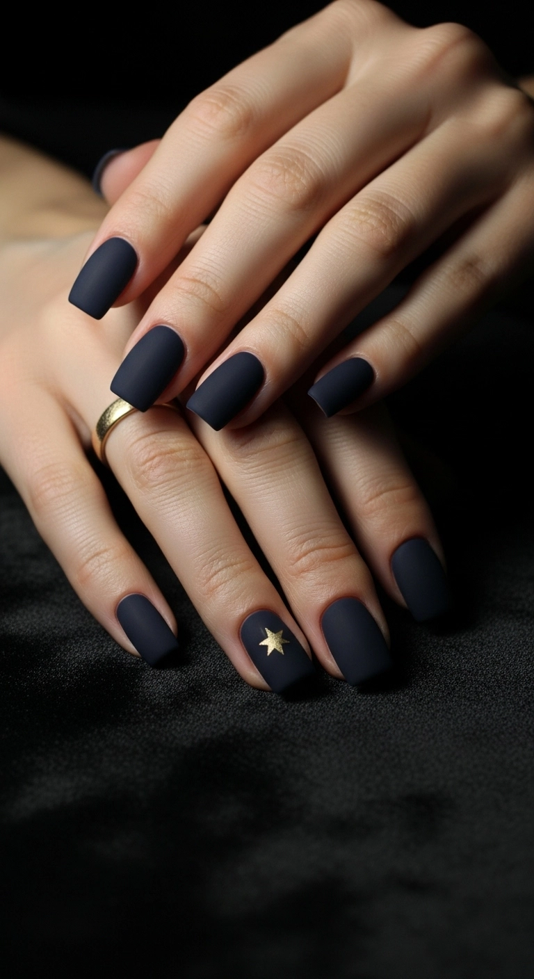 Elegant matte navy blue Christmas nails with a single tiny gold star accent.