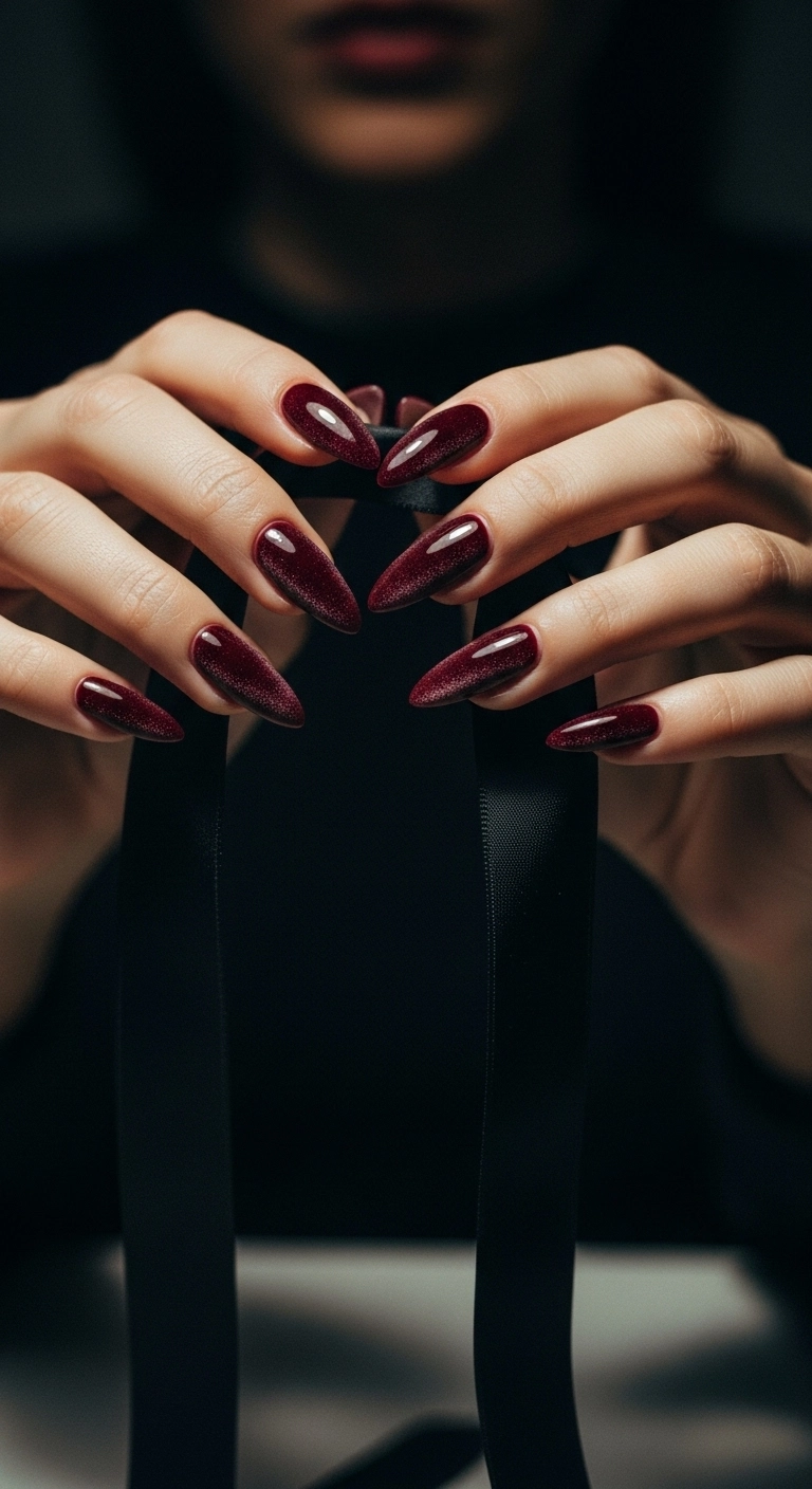 Elegant Christmas nails with a deep burgundy velvet effect finish.