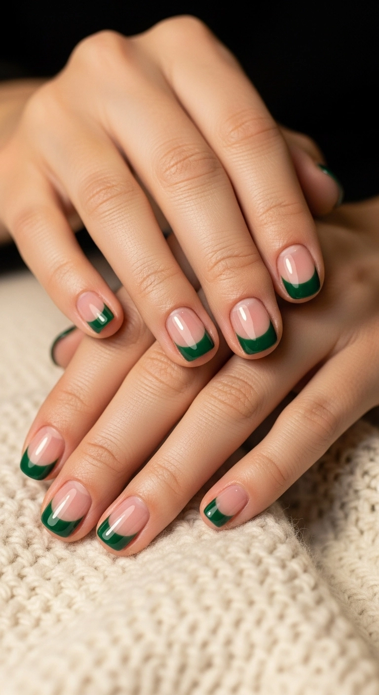 Elegant Christmas nails with a sheer pink base and a deep green half-moon at the cuticle.