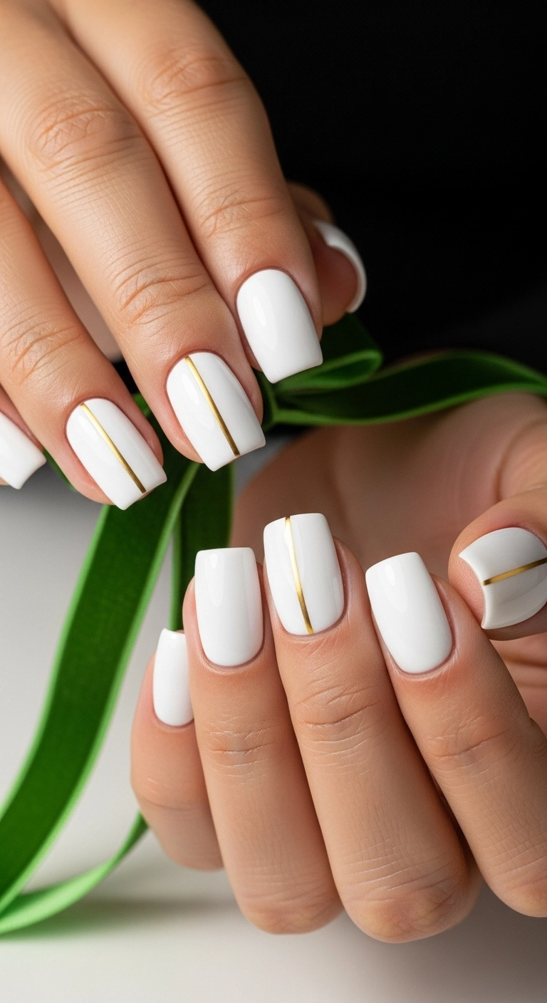 Elegant and minimalist Christmas nails with a white base and a single thin gold 
