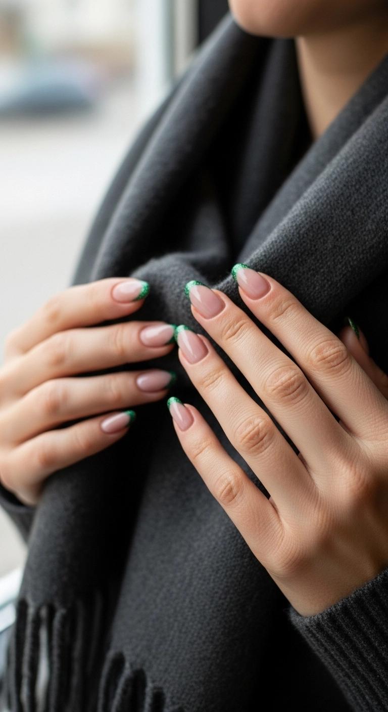 Elegant Christmas nails featuring a micro-French manicure with emerald green tips.