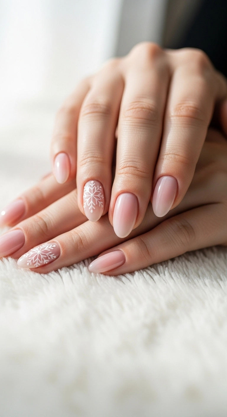 Elegant Christmas nails with a sheer pink base and a single, delicate white snowflake accent nail.