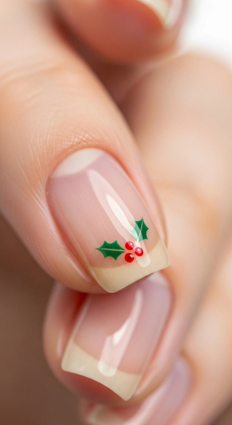 A minimalist and elegant Christmas nail with a tiny holly berry accent on a nude base.