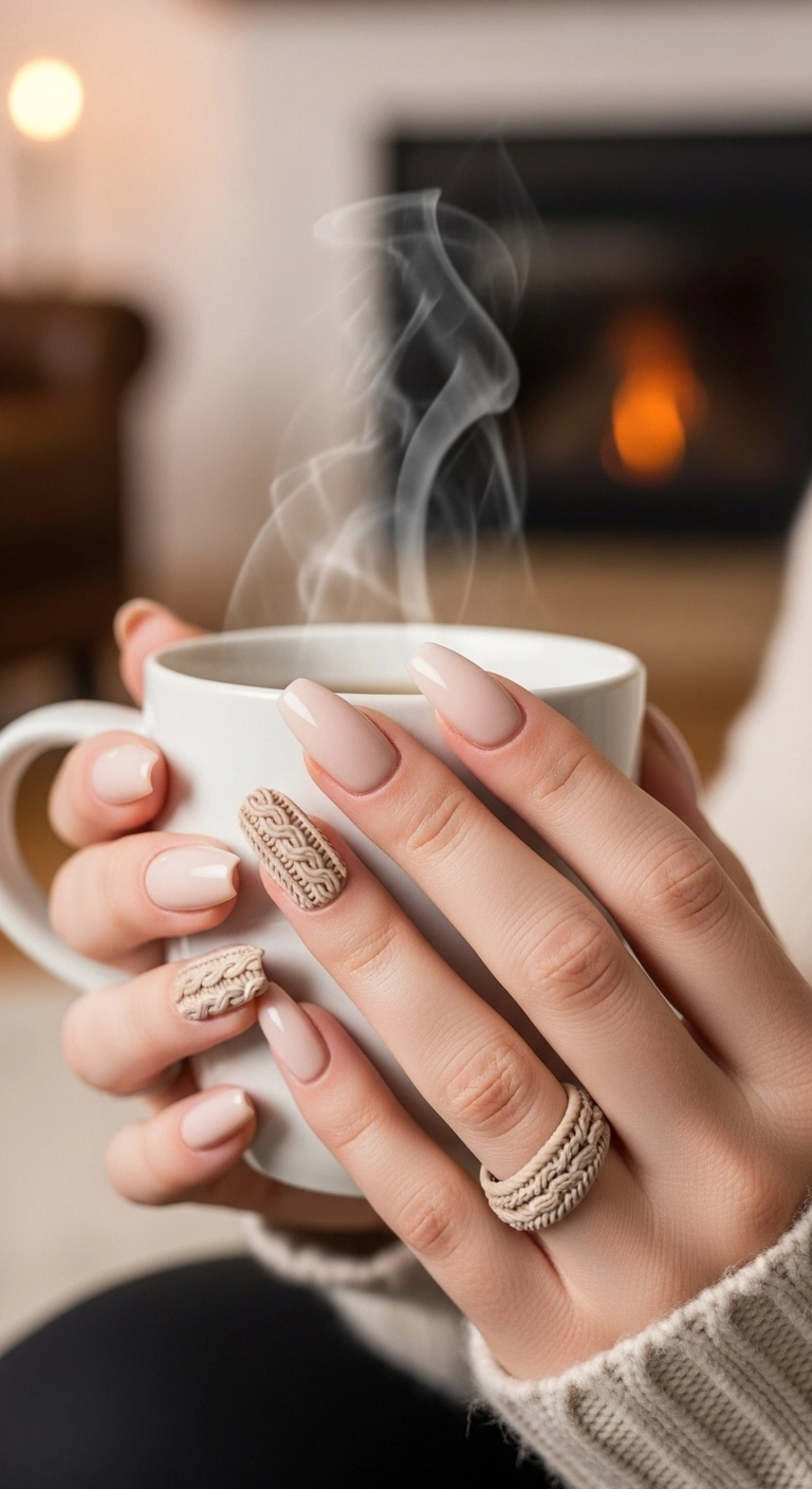 Elegant and cozy Christmas nails with a matte beige base and a single 3D cable-knit sweater accent nail.