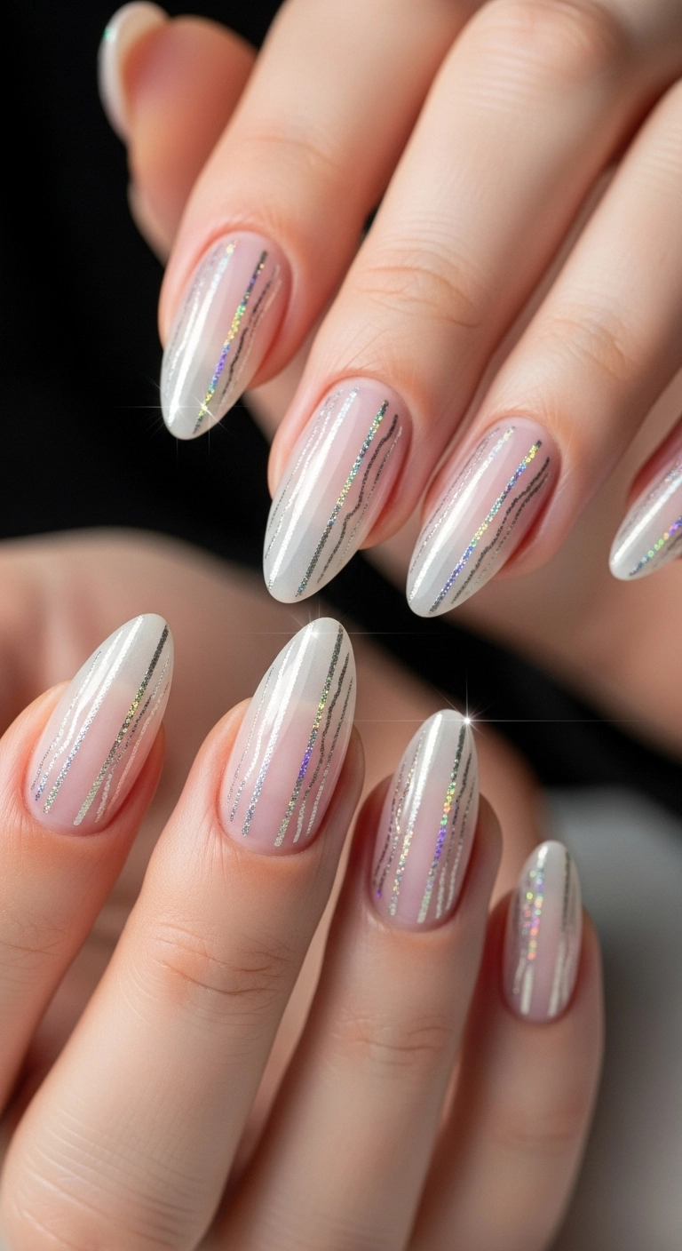 Elegant Christmas nails with thin holographic silver lines that look like tinsel on a sheer pink base.