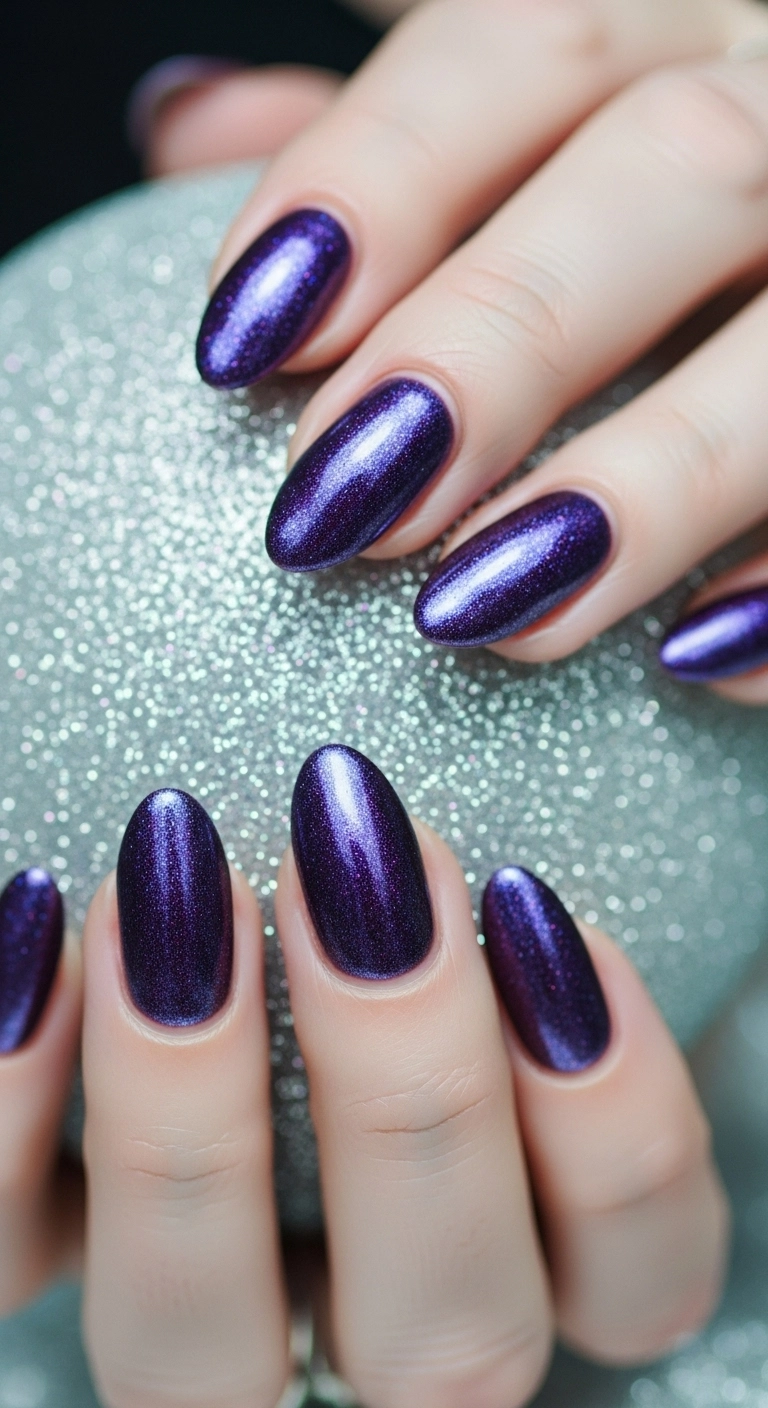 Elegant Christmas nails in a shimmery, deep 