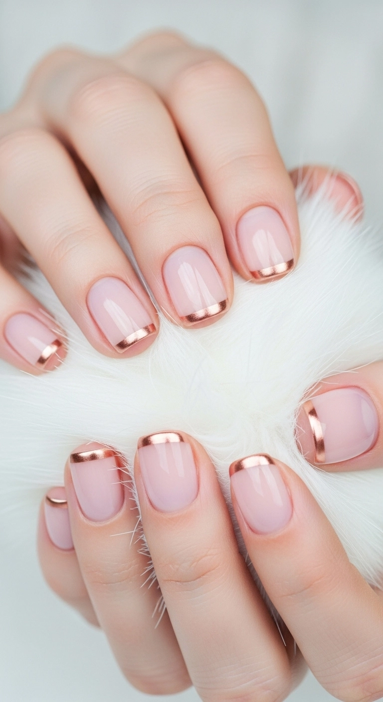 Elegant minimalist Christmas nails with a sheer pink base and a rose gold chrome cuticle line.