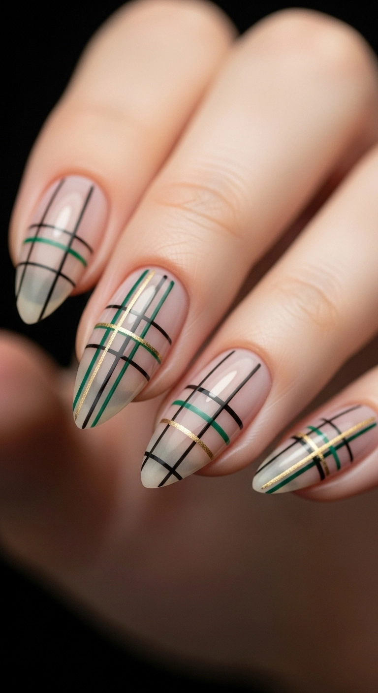 An elegant Christmas nail with a subtle and minimalist plaid accent pattern.